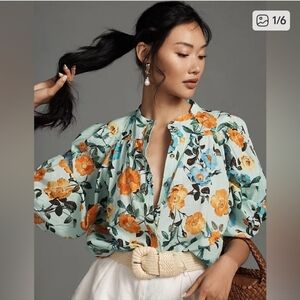 Anthropology Maeve Feminine Button Up Floral Balloon Sleeve Cotton Blouse XL